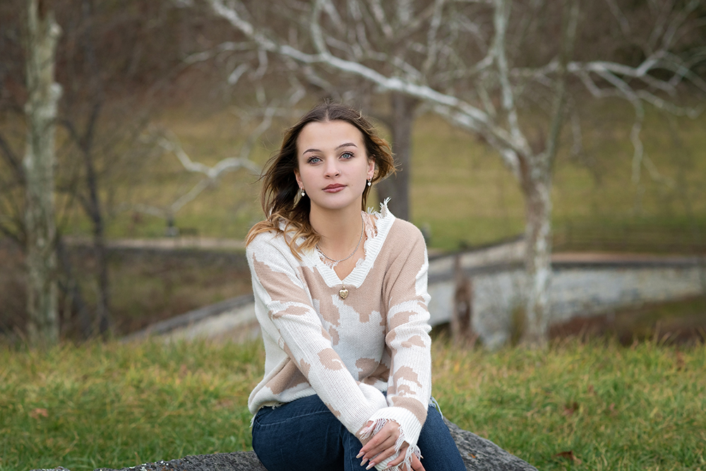 Teen girl in white shirt outside in winter Frederick MD